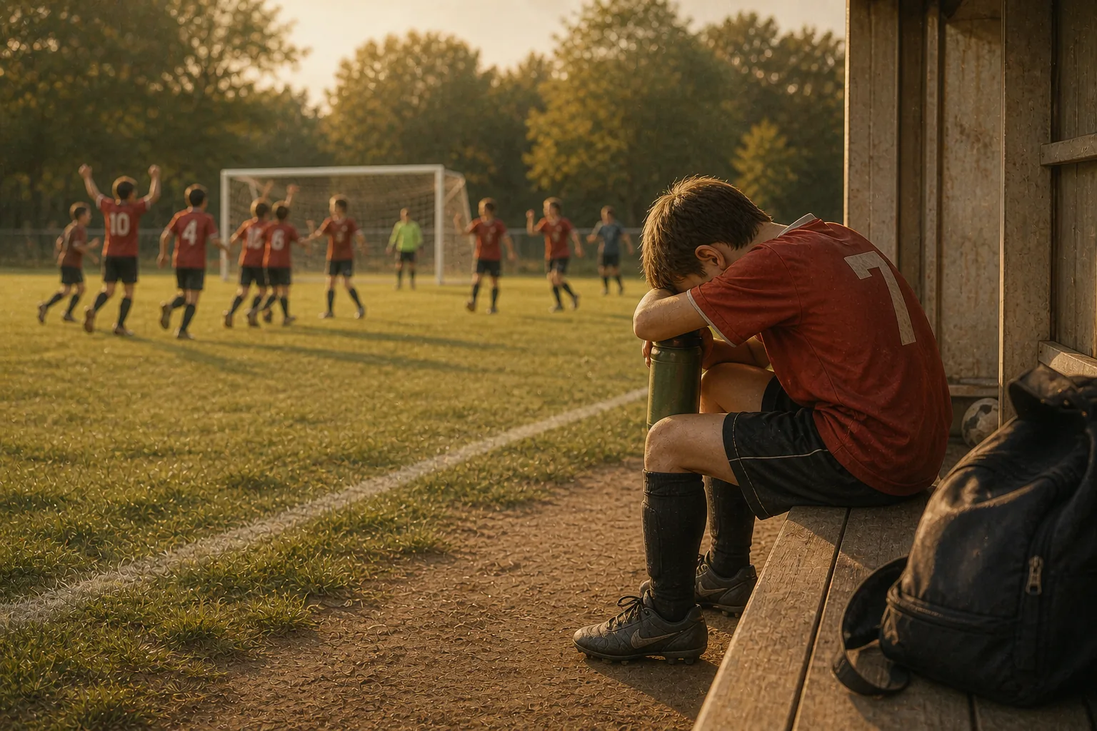 Child sits on end of dugout bench alone, head down on water bottle. Rest of team loosely suggested in middle distance, celebrating a goal. Honest composition showing posture over face.